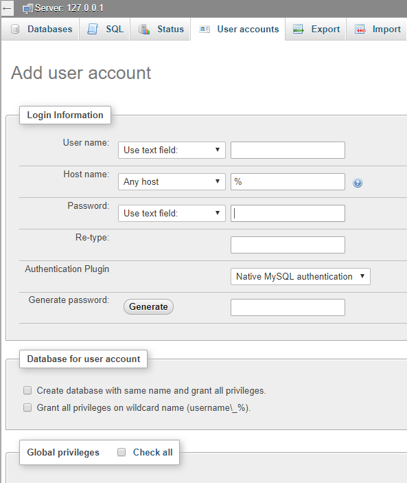 Add new user account tab in phpMyAdmin interface