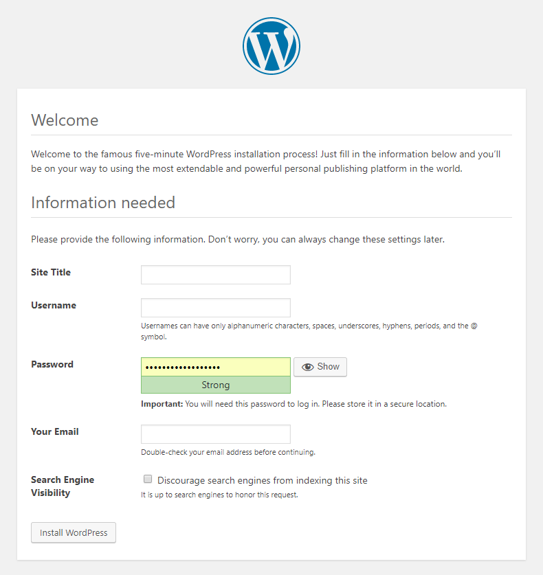 WordPress site installation interface