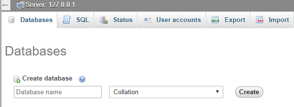 Create database tab in phpMyAdmin interface