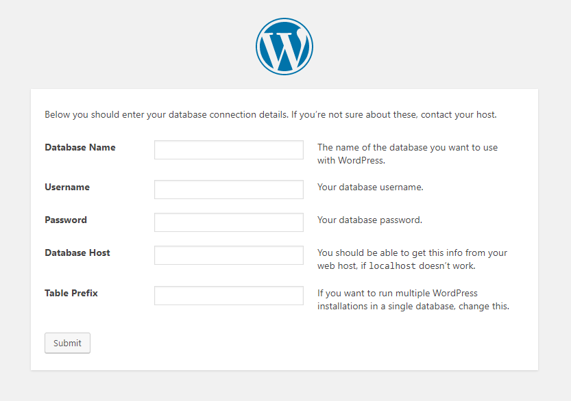 WordPress setup - enter database connection details page