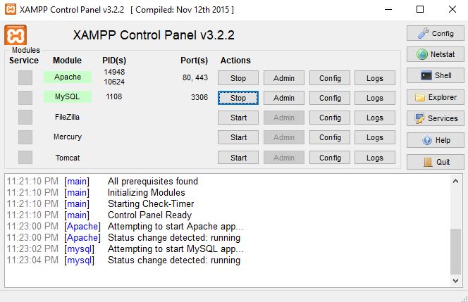 A screen capture of XAMPP control panel with Apache and MySQL services running